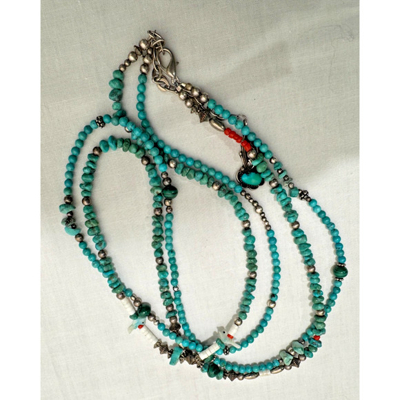 Native American Turquoise Necklace Fetish Mother of Pearl Birds Sterling 31-34" - Picture 1 of 14